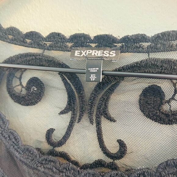 Express Embroidered Mesh Long Sleeve Blouse Womens Size XS Black Lace Sheer - Picture 3 of 10